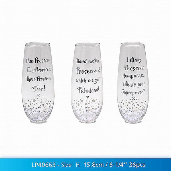 Set of 3 Prosecco Themed Funny Novelty Silver Glass "Stemless" Flutes