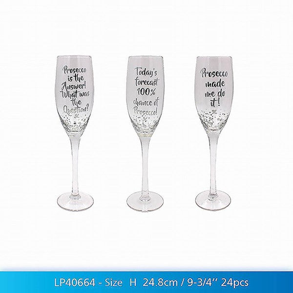 Prosecco Themed Funny Novelty Silver Glass Stem Flutes - 3 Designs Available