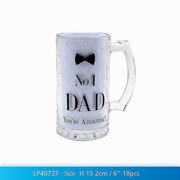 "No 1 Dad, You're Amazing!" Novelty Gift Male Glass Beer Tankard with Diamante Bow Tie Motif