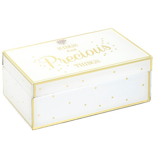 "Rings & Precious Things" White & Gold Dotty Jewellery Trinket Keepsake Box with Diamante Love Heart