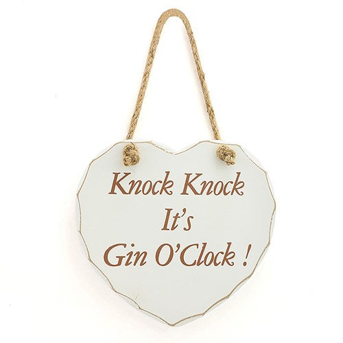 "Knock Knock It's Gin O'Clock" Funny White Love Heart Wall Art Plaque / Sign