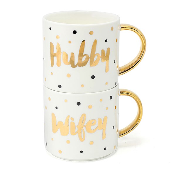 "Hubby" & "Wifey" Gold Fun Set of Two Fine China Stacked Mugs Wedding / Anniversary Gift Set