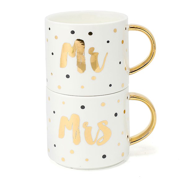 "Mr" & "Mrs" Gold Fun Set of Two Fine China Stacked Mugs Wedding / Anniversary Gift Set