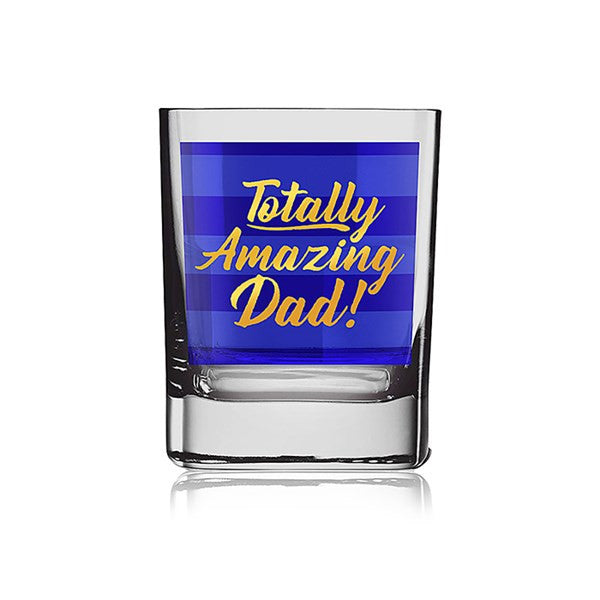 "Totally Amazing Dad!" Novelty Gift Blue & Gold Male Shot / Spirit / Whisky Tumbler Glass