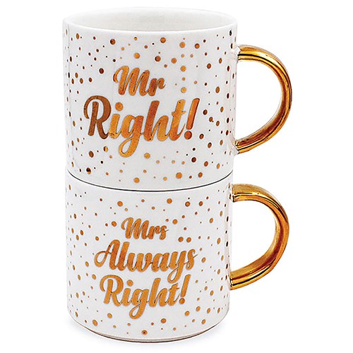 "Mr Right & Mrs Always Right" Gold Fun Set of Two Fine China Stacked Mugs Wedding / Anniversary Gift Set