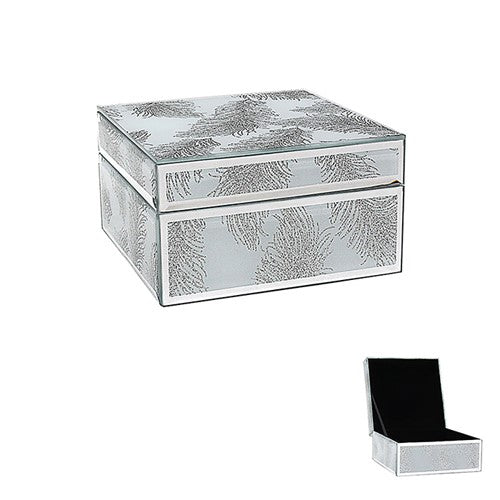 White & Silver Feather Patterned Mirrored Glass Square Jewellery Trinket Keepsake Box