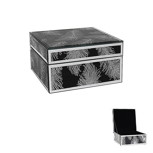 Black & Silver Feather Patterned Mirrored Glass Square Jewellery Trinket Keepsake Box