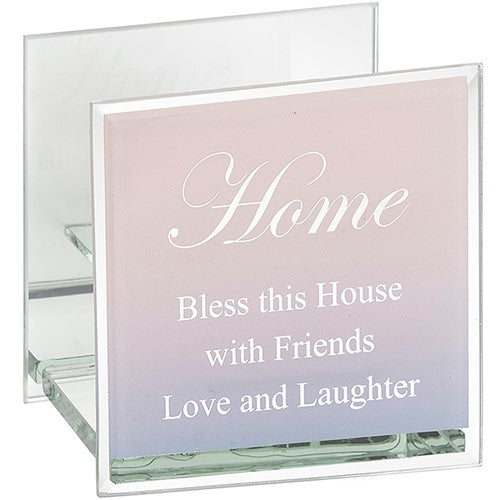 "Home - Bless This House with Friends & Laughter" Pink Glass Traditional Style Single Tea Light Candle Holder