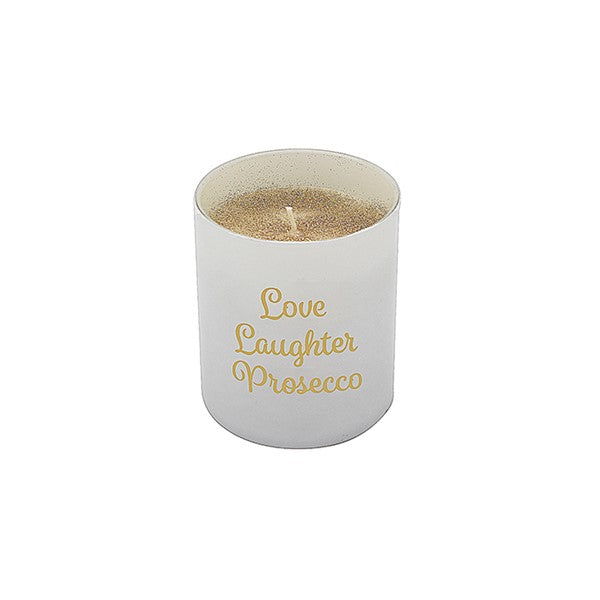 Luxury Gold Glitter Candle - Hand Poured Wax in Glass Jar Holder - "Love Laughter Prosecco" Motif