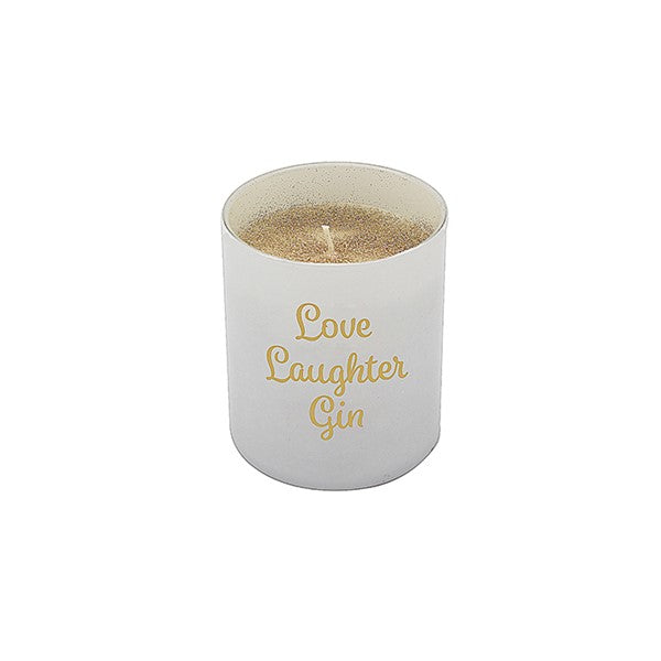 Luxury Gold Glitter Candle - Hand Poured Wax in Glass Jar Holder - "Love Laughter Gin" Motif
