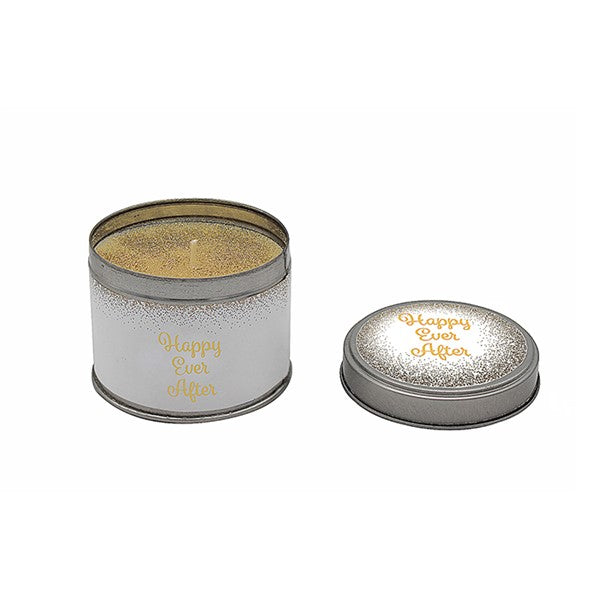 Luxury Gold Glitter Candle - Hand Poured Wax in Metal Tin Holder -  "Happy Ever After" Motif