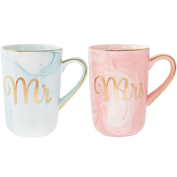 "Mr & Mrs" Set of Two Pink & Blue Marbled Effect Fine China Mugs Wedding / Anniversary Gift Set