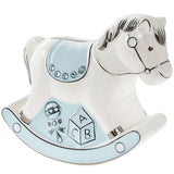 Fine China Teddy Bear on Rocking Hobby Horse Diamante Studs Childs Keepsake Money Box - Pink & Blue Available