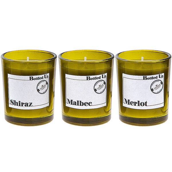 Set of Three Luxury Wine Scented Candles - Hand Poured Wax in Green Glass Jars - Shiraz, Malbec, Merlot