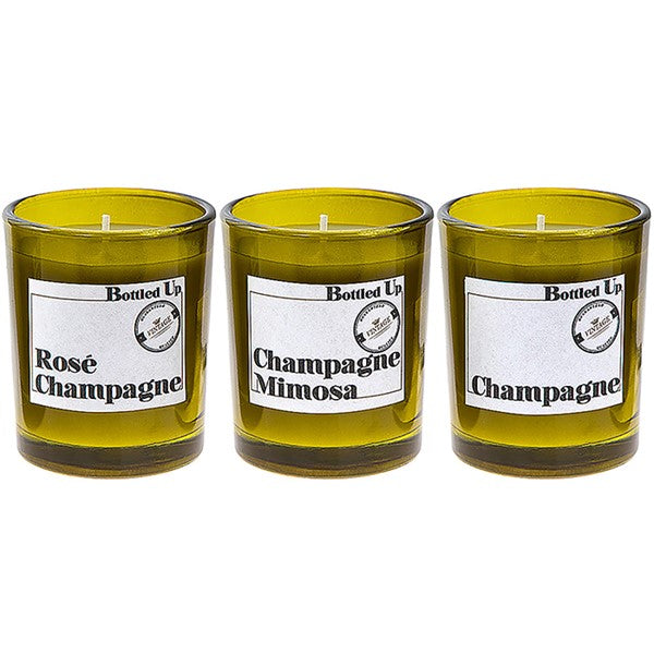 Set of Three Luxury Alcohol Scented Candles - Hand Poured Wax in Green Glass Jars - Rose Champagne, Champagne Mimosa, Champagne