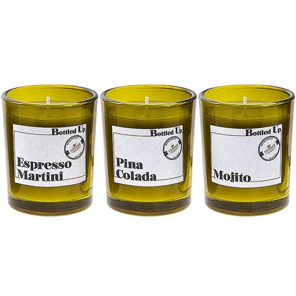 Set of Three Luxury Alcohol Scented Candles - Hand Poured Wax in Green Glass Jars - Espresso Martini, Pina Colada, Mojito Cocktails