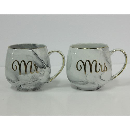 "Mr & Mrs" Set of Two Grey Marbled Effect Fine China Mugs Wedding / Anniversary Gift Set