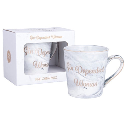"Gin Dependant Woman" Grey Marbled Effect Traditional Style Fine China Cup / Mug