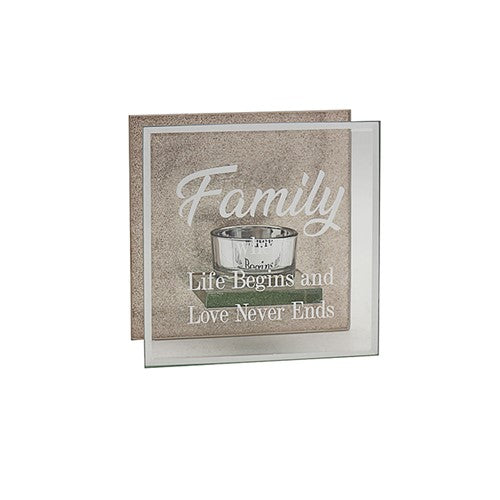 "Family - Where Life Begins & Love Never Ends" Pink Glitter Glass Traditional Style Single Tea Light Candle Holder
