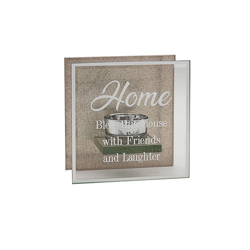 "Home - Bless This House with Friends & Laughter" Pink Glitter Glass Traditional Style Single Tea Light Candle Holder