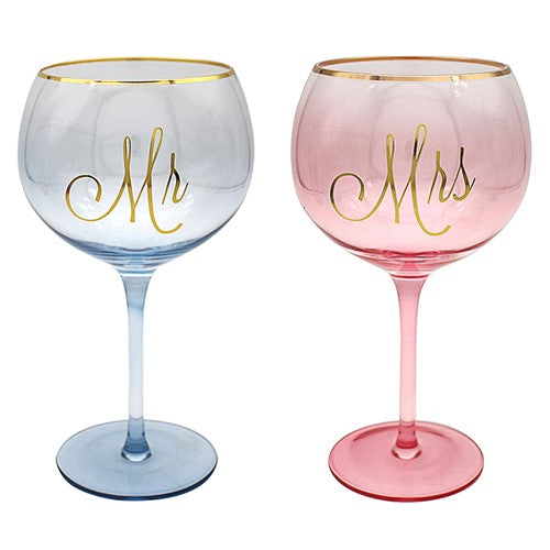 "Mr & Mrs" Set of Two Pink & Blue Coloured Glass Wedding / Anniversary Gin Goblets