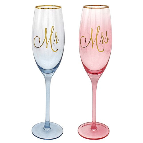 "Mr & Mrs" Set of Two Pink & Blue Coloured Glass Wedding / Anniversary Champagne Flutes