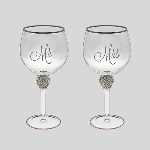 "Mr & Mrs" Set of Two Glass & Diamante Wedding / Anniversary Gin Goblets