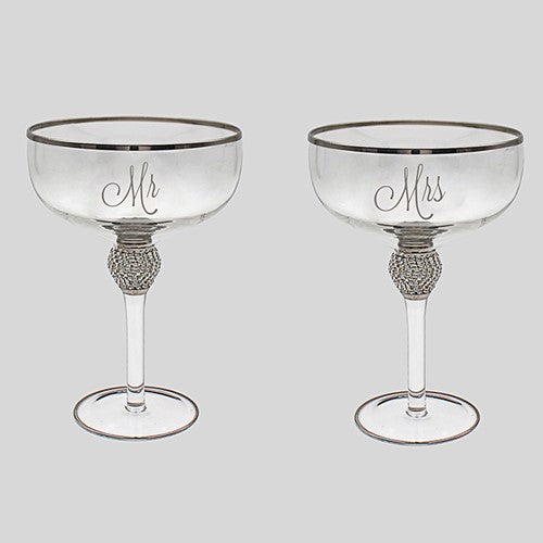 "Mr & Mrs" Set of Two Glass & Diamante Wedding / Anniversary Gift Champagne Goblets