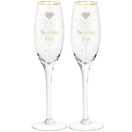"With Love on Your Wedding Day" Novelty Set of Two Dainty Glass Champagne Flutes Gift Set