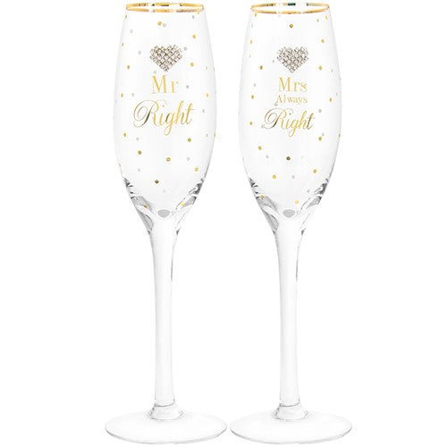 "Mr Right & Mrs Always Right" Set of Two Wedding / Anniversary Glass Champagne Flutes Gift Set