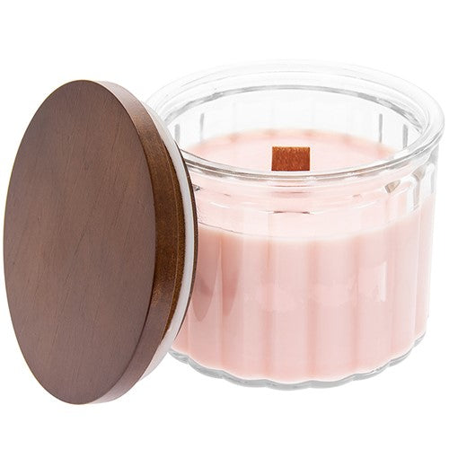 Pink Peony Floral Luxury Scented Wooden Wick Crackle Candle - Hand Poured Wax in Artisan Glass Jar with Lid