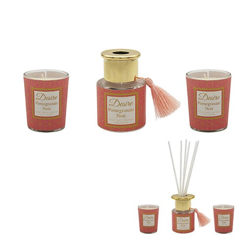 Luxury Boutique Fragrance Reed Diffuser & Scented Tea Light Candles Set - Pomegranate Noir Aroma