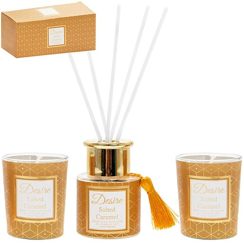 Luxury Boutique Fragrance Reed Diffuser & Scented Tea Light Candles Set - Salted Caramel Aroma