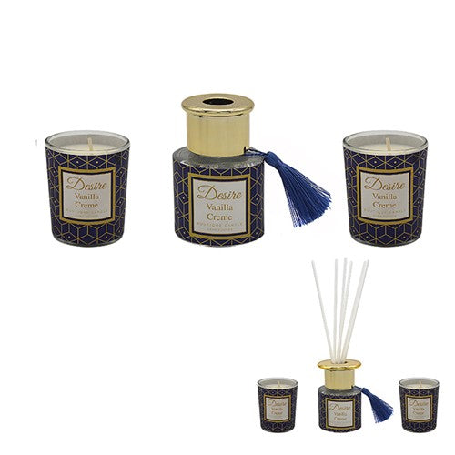 Luxury Boutique Fragrance Reed Diffuser & Scented Tea Light Candles Set - Vanilla Creme Aroma