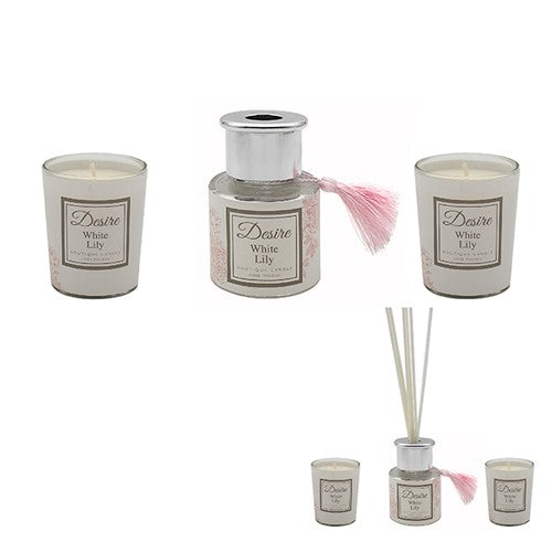 Luxury Boutique Fragrance Reed Diffuser & Scented Tea Light Candles Set - White Lily Aroma
