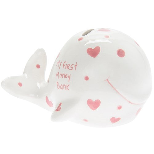 "My First Money Box" Whale Shaped Baby Girl Novelty Baby Girl / Toddler Pink & White Ceramic Keepsake Money Box