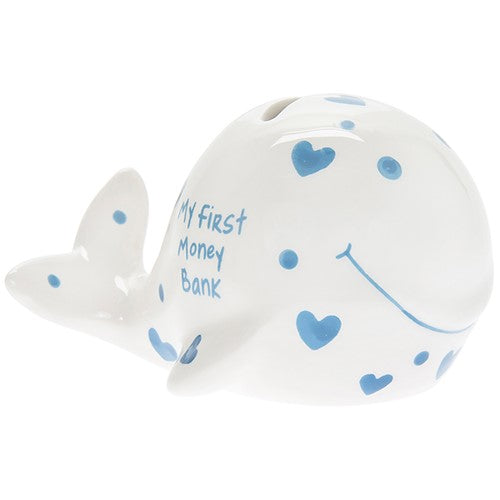 "My First Money Box" Whale Shaped Baby Boy Novelty / Toddler Blue & White Ceramic Keepsake Money Box