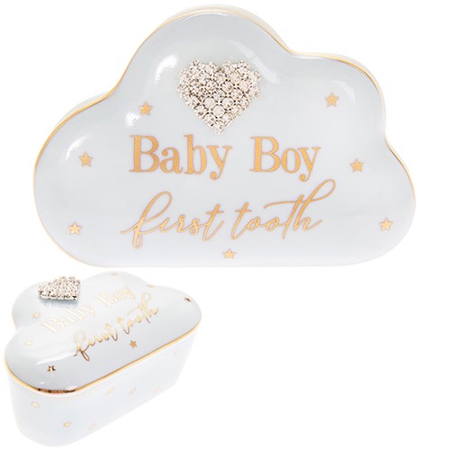 Baby Boy "First Tooth" Fine China Keepsake Trinket Pot with Diamante Love Heart