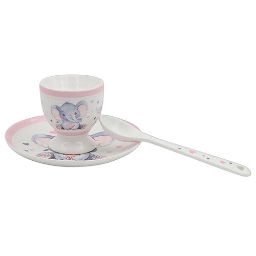 Elephant Patterned Novelty Baby Girl / Toddler Pink & White Ceramic Keepsake Egg Cup & Spoon Set