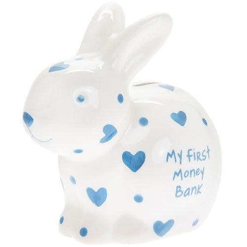 "My First Money Box" Bunny Rabbit Shaped Novelty Baby Boy / Toddler Blue & White Ceramic Keepsake Money Box