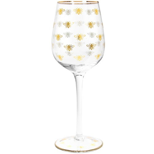 Gold Print Bumble Bees Patterned Novelty Wine Glass Goblet