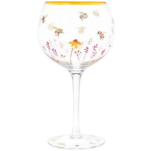 Pink Floral Print Bumble Bees Patterned Novelty Glass Gin Goblet