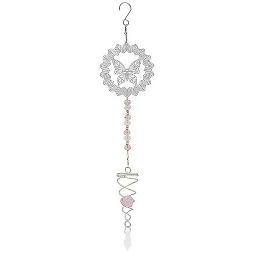 Butterfly Pink & Clear Crystal Beads Twisted Metal Decorative Dangling Dream / Suncatcher