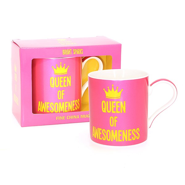 "Queen of Awesomeness" Amazing Novelty Hot Pink & Gold Traditional Style Fine China Tea Cup / Mug