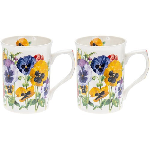 Set of 2 Pretty Floral Multi Colourd Pansies Classic Themed Fine China Mug Set