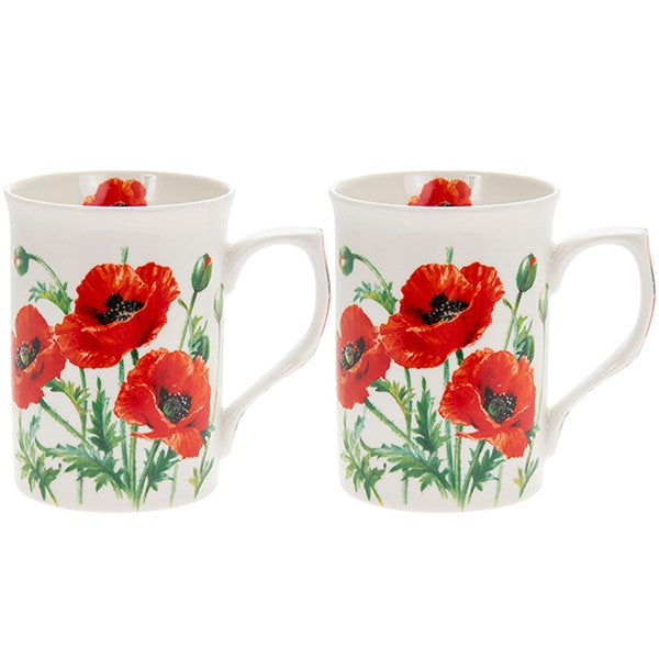 Set of 2 Wild Poppies Pretty Floral Classic Themed Fine China Mug Set