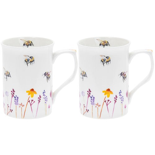 Set of 2 Bumble Bees Pretty Floral Classic Themed Fine China Mug Set